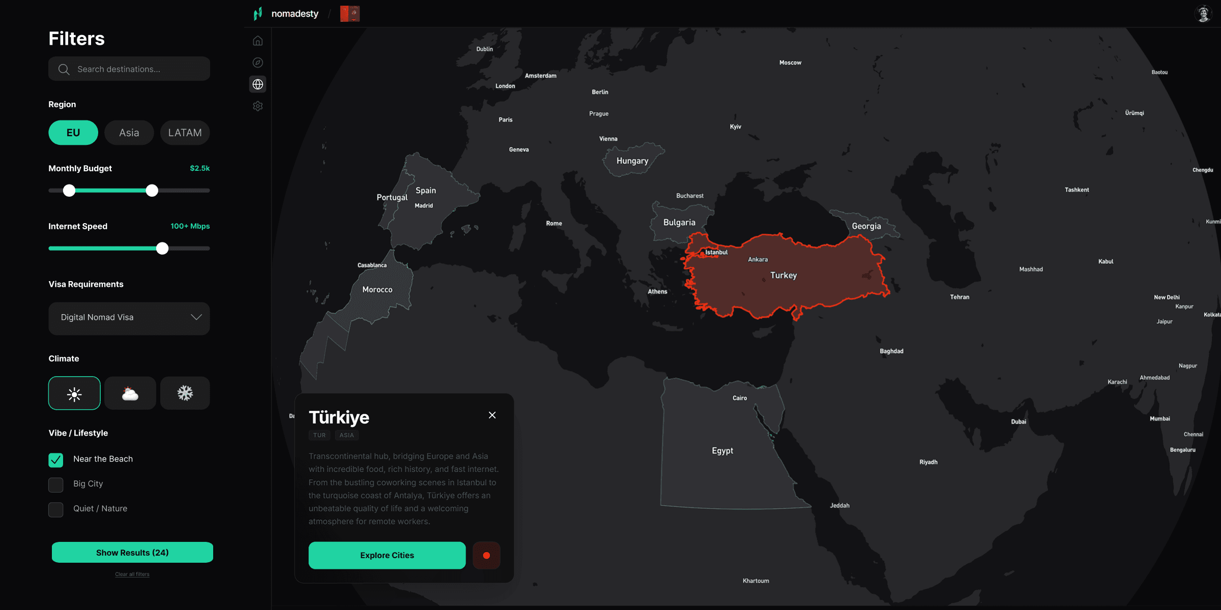 Nomadesty interactive 3D globe for exploring nomad visas and cost of living